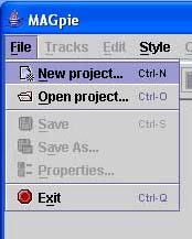 MAGpie menu for File, with New Project highlighted. The shortcut for this is CTRL-N